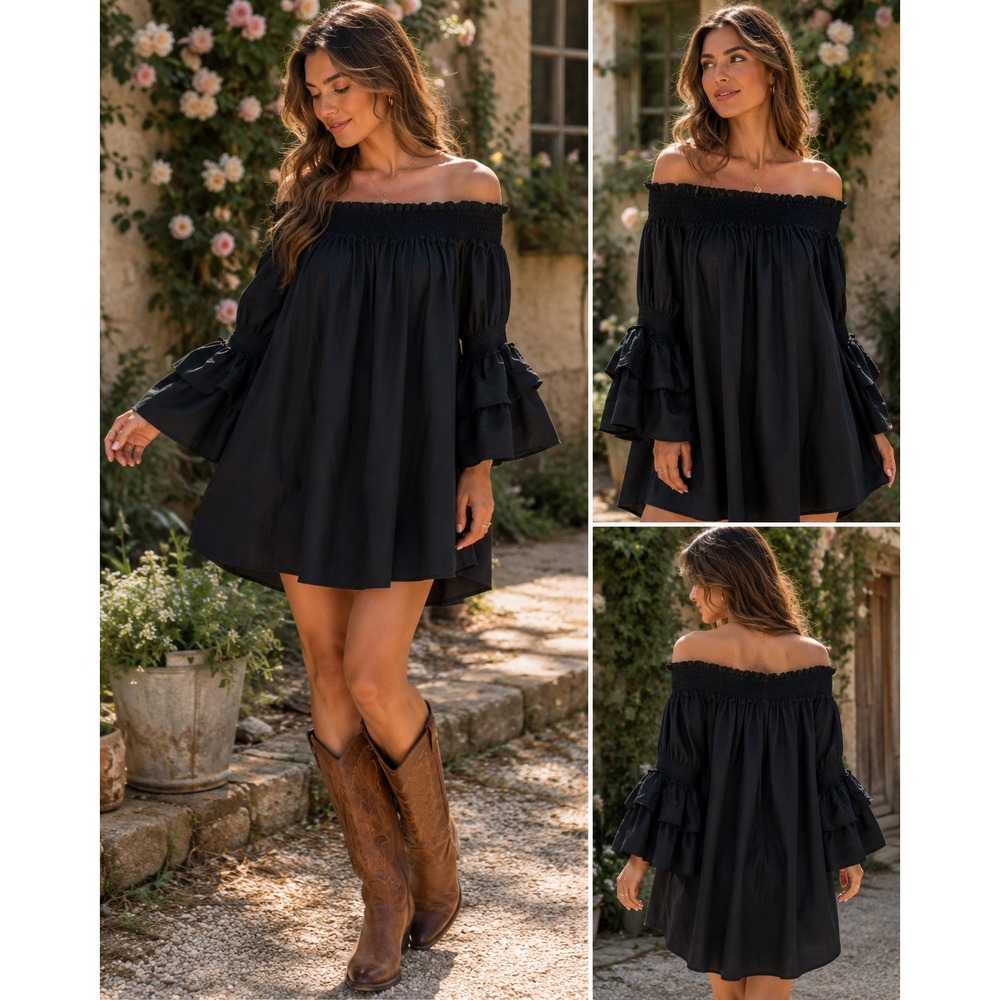 Kaktus Black Off Shoulder Dress Womens M Cottagecore Renaissance Bell‎ Sleeve